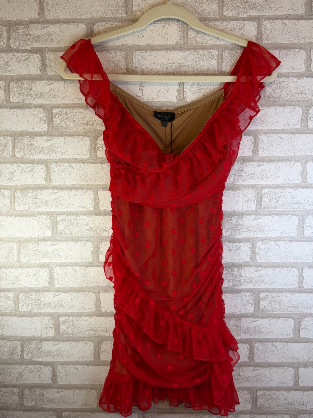 MAJORELLE Red Sheer Swiss Dot Ruffle Ruched Mini Dress XS NWT Cocktail Party NWT